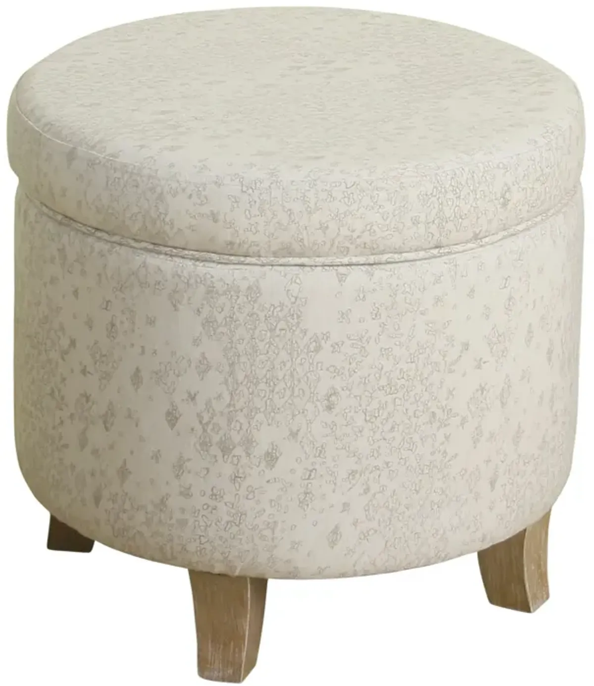 Fabric Upholstered Round Wooden Ottoman with Lift Off Lid Storage, Gray and Brown - Benzara