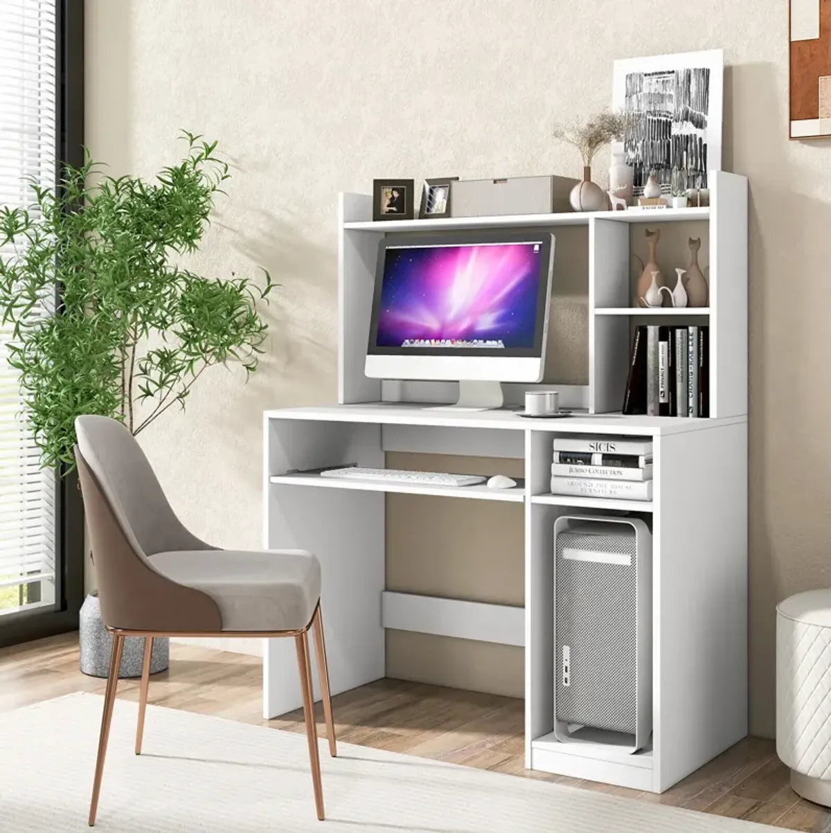 Home Office Computer Desk with Bookcase Keyboard Tray and CPU Stand