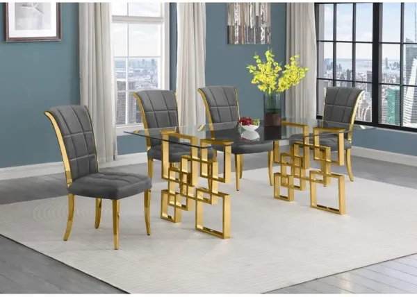 5-piece glam dining set with 4 dark grey chairs and a 79" long glass  table