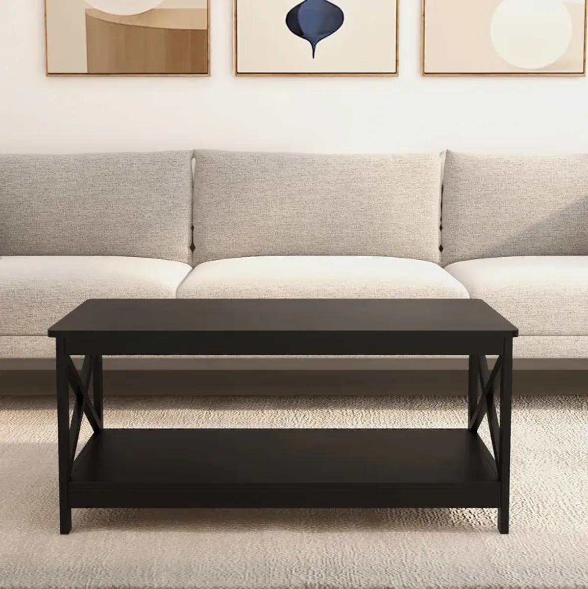 39.57 in. Black Rectangle Wood Coffee Table with Shelf