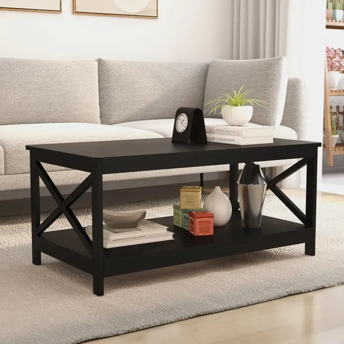 39.57 in. Black Rectangle Wood Coffee Table with Shelf