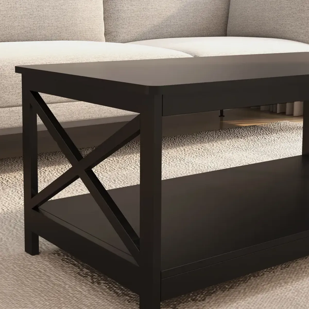 39.57 in. Black Rectangle Wood Coffee Table with Shelf