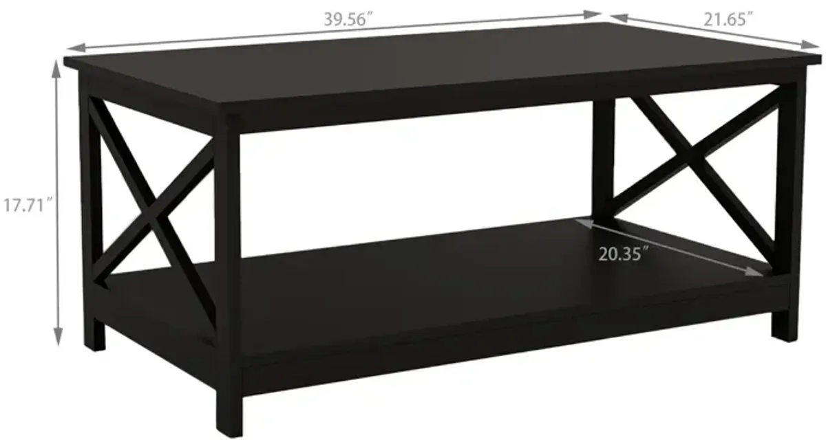 39.57 in. Black Rectangle Wood Coffee Table with Shelf