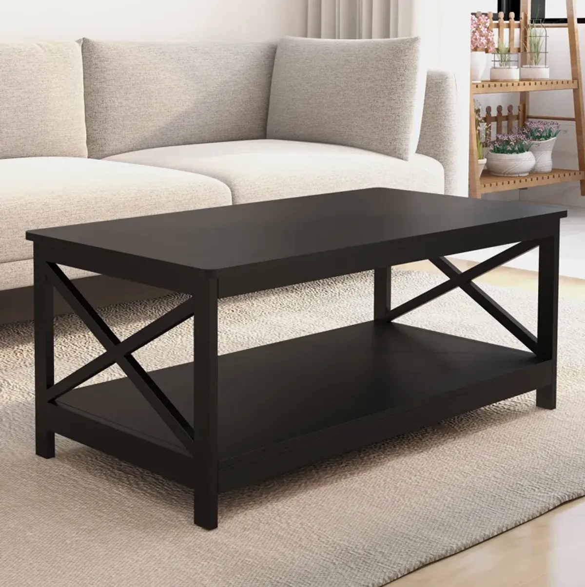 39.57 in. Black Rectangle Wood Coffee Table with Shelf