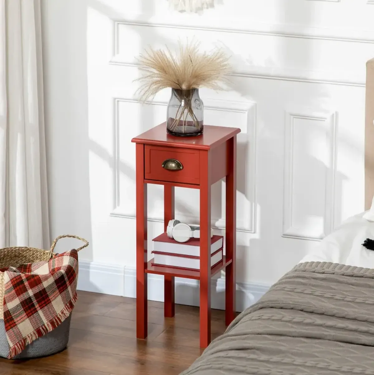 HOMCOM 2-Tier Side Table with Drawer, Narrow End Table with Bottom Shelf, for Living Room or Bedroom, Red