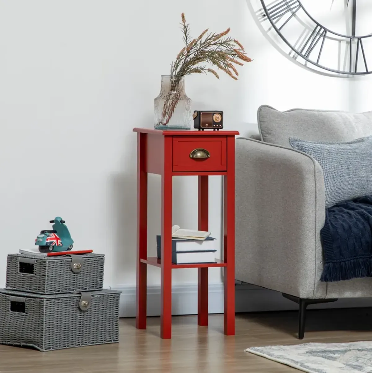 HOMCOM 2-Tier Side Table with Drawer, Narrow End Table with Bottom Shelf, for Living Room or Bedroom, Red