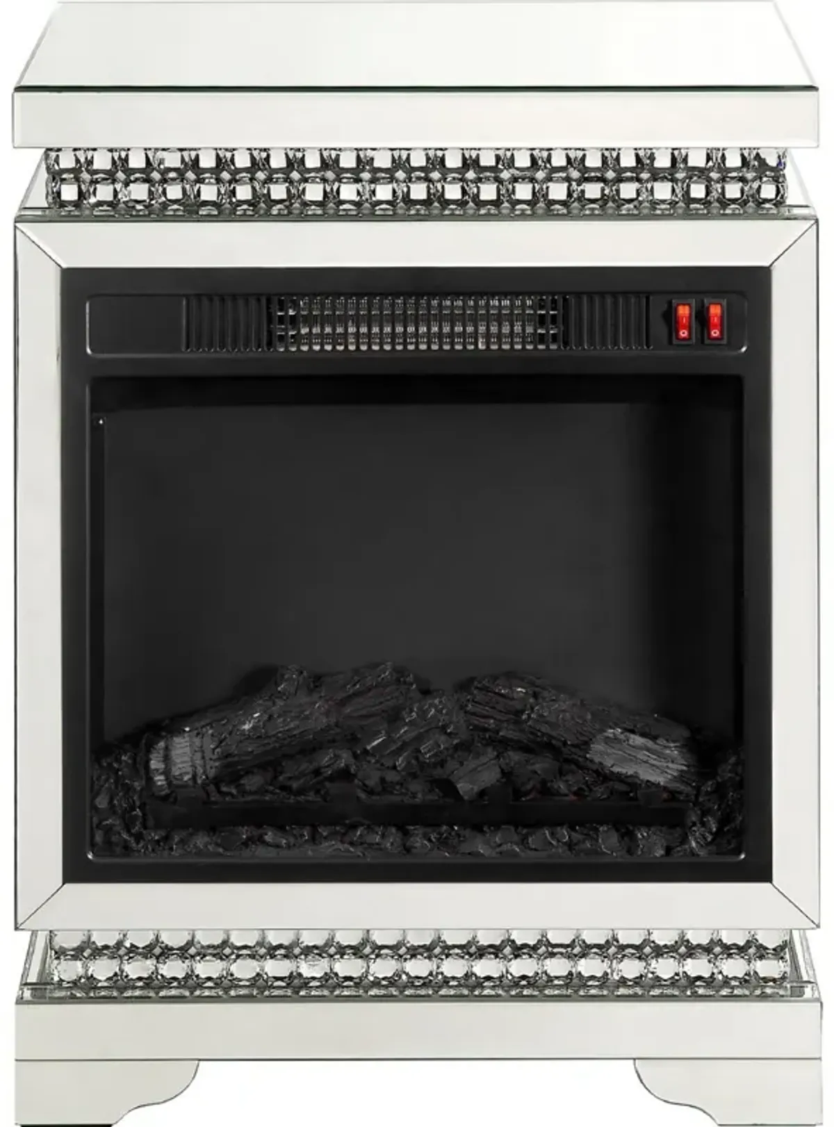 Electric Fireplace with Mirror Panel Framing and Faux Diamonds, Silver-Benzara