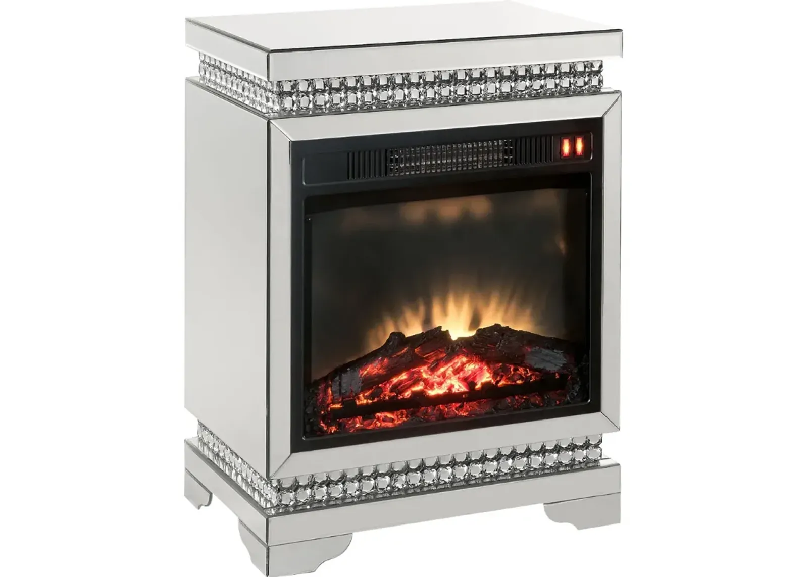 Electric Fireplace with Mirror Panel Framing and Faux Diamonds, Silver-Benzara