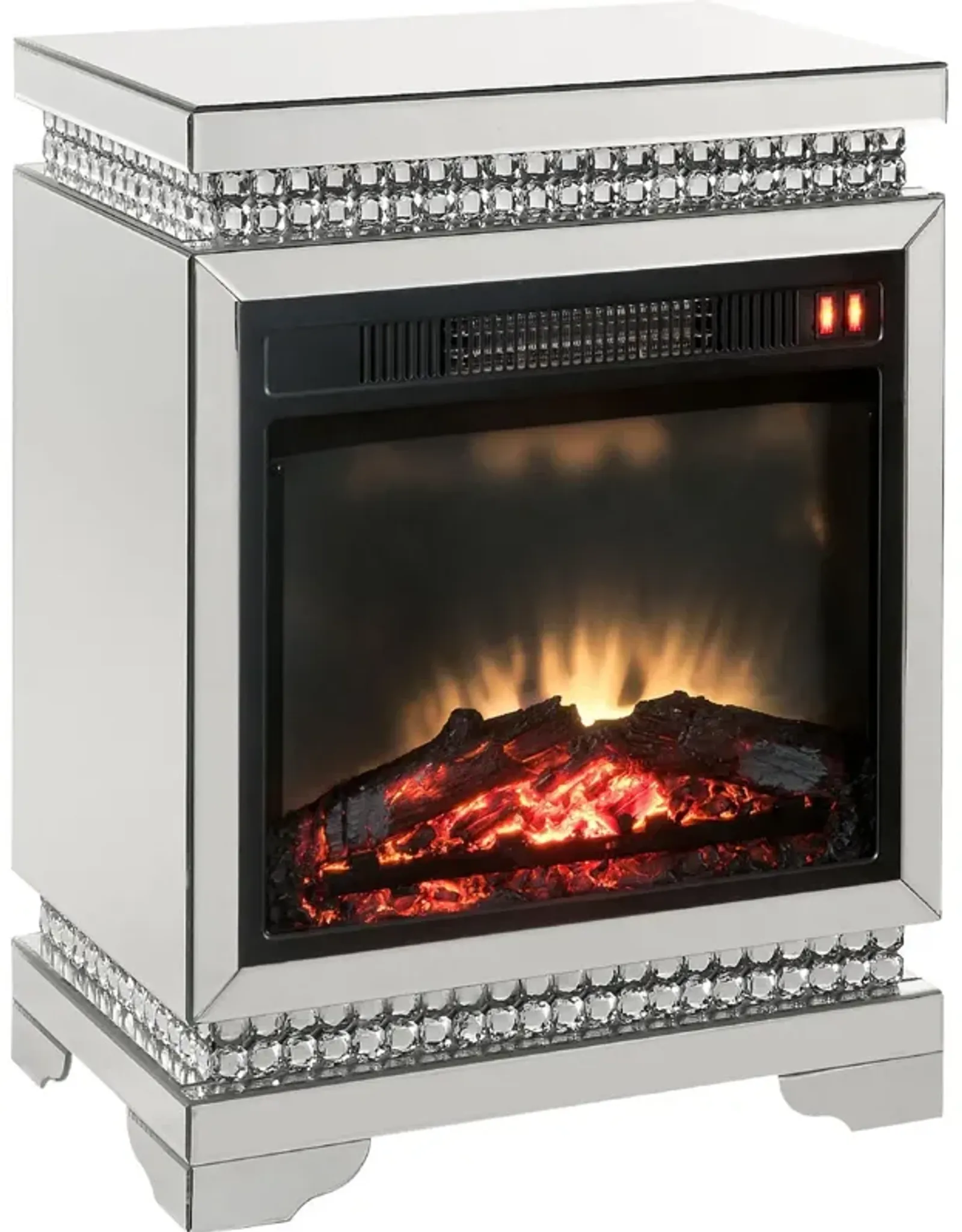 Electric Fireplace with Mirror Panel Framing and Faux Diamonds, Silver-Benzara