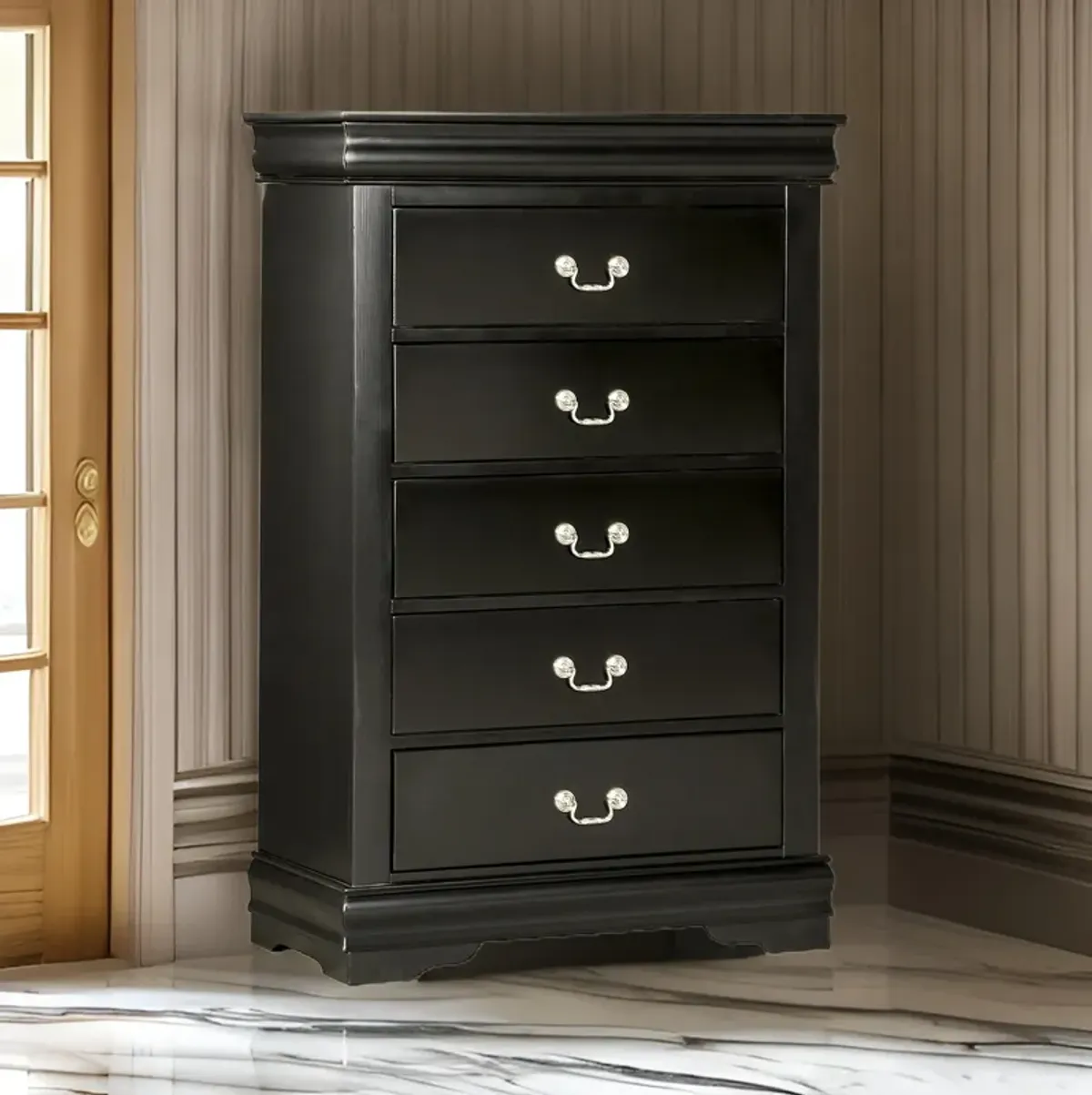 Ryla Tall Dresser Chest, 5 Drawers, Nickel Metal Handles, Black Solid Wood