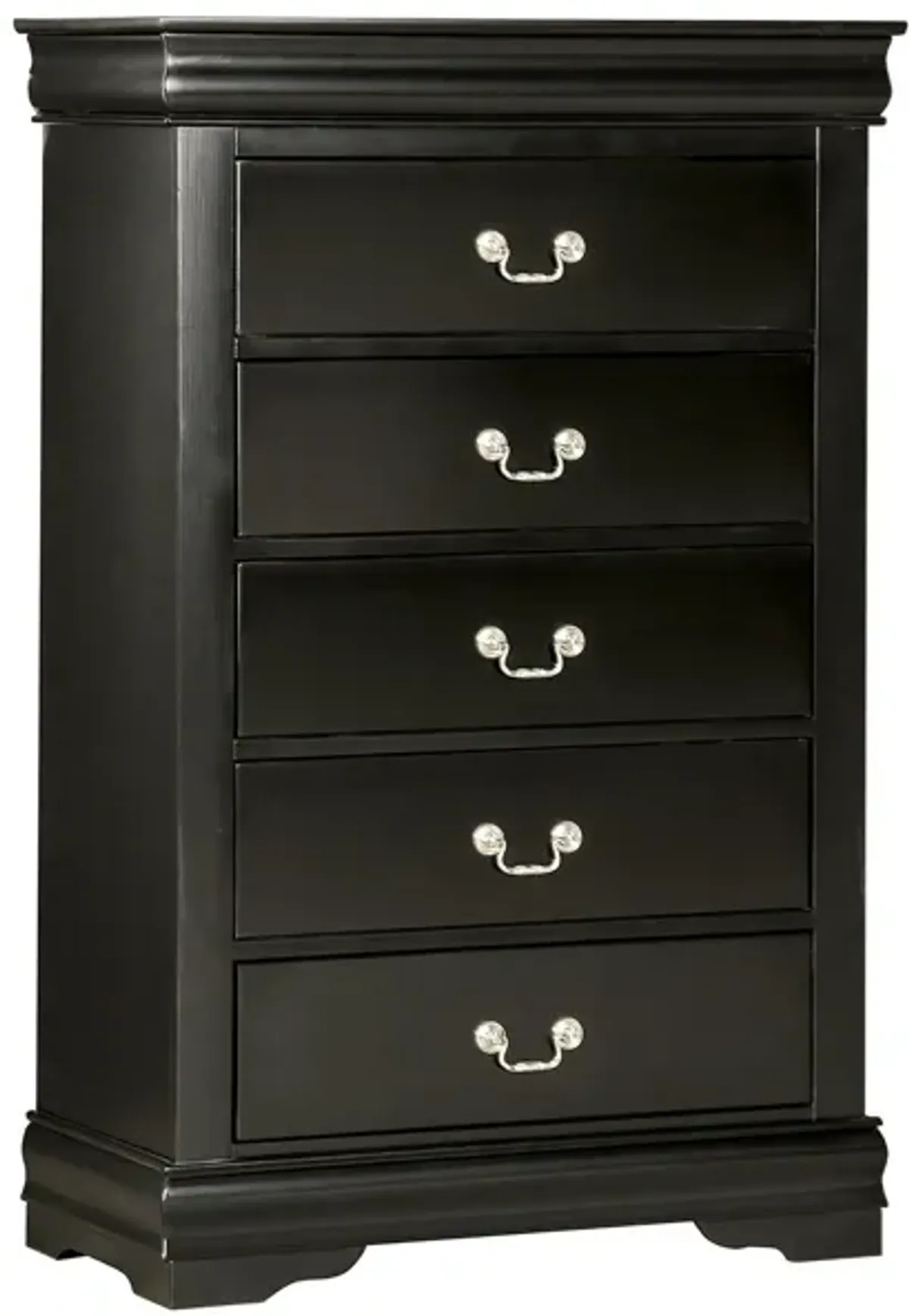 Ryla Tall Dresser Chest, 5 Drawers, Nickel Metal Handles, Black Solid Wood