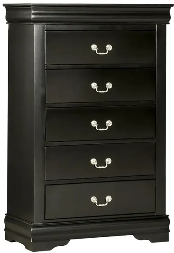 Ryla Tall Dresser Chest, 5 Drawers, Nickel Metal Handles, Black Solid Wood - Benzara