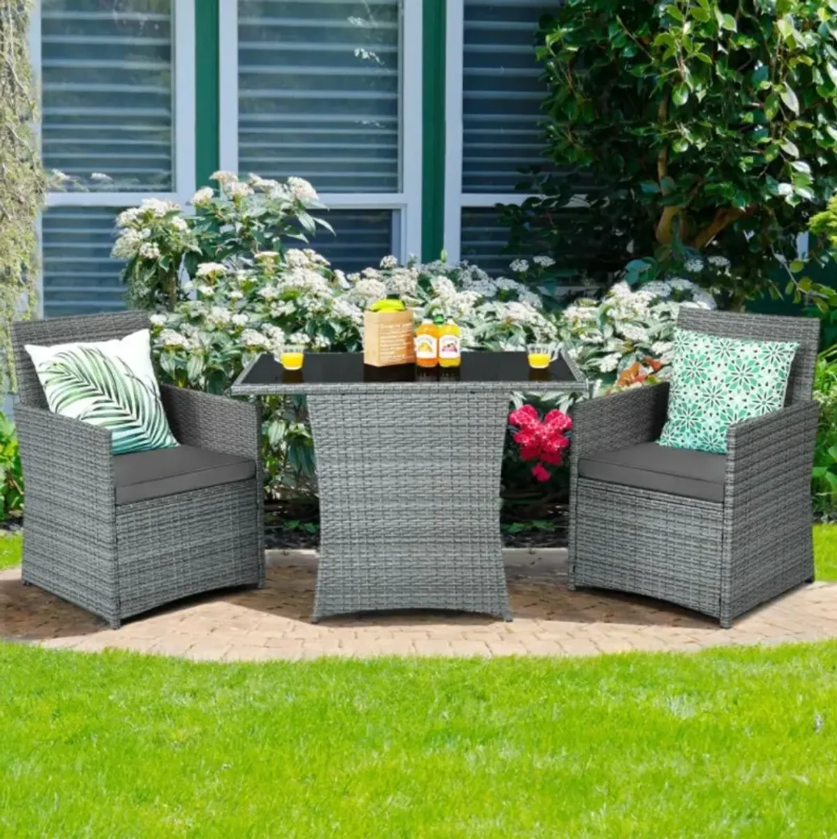 Hivvago 3 Pieces Patio Rattan Furniture Set with Cushioned Armrest Sofa