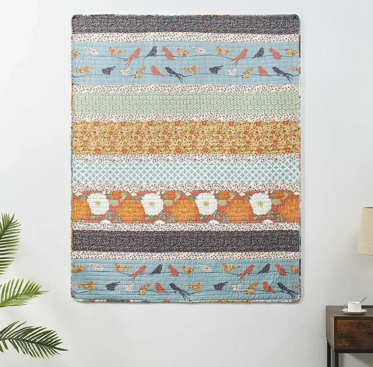 Barefoot Bungalow Carlie Eclectic Blend of Dreamy Patterns Florals and Whimsical Songbirds Throw 50"x60" Calico Stripe