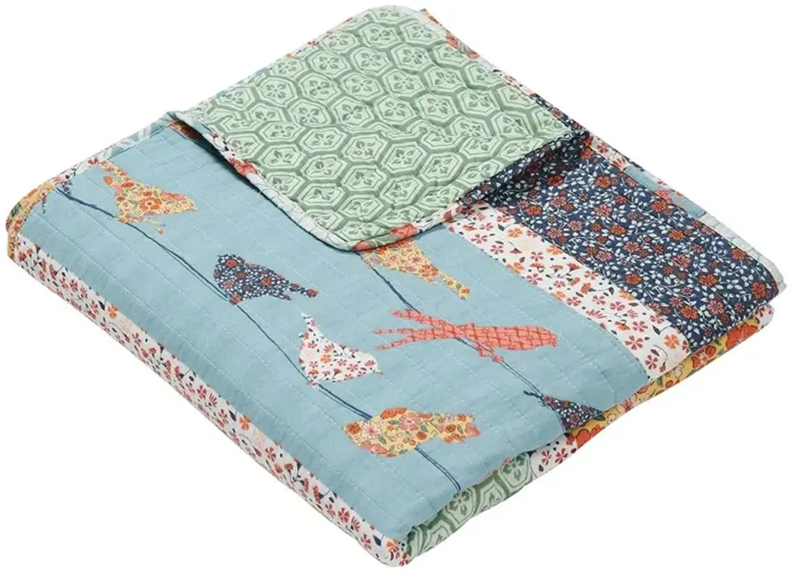 Barefoot Bungalow Carlie Eclectic Blend of Dreamy Patterns Florals and Whimsical Songbirds Throw 50"x60" Calico Stripe