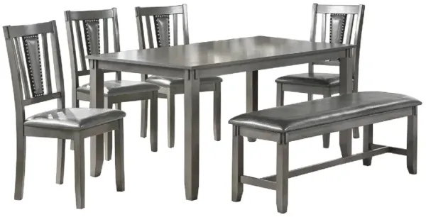 6 Piece Wooden Dining Set with Leatherette Padded Chair and Bench, Gray - Benzara