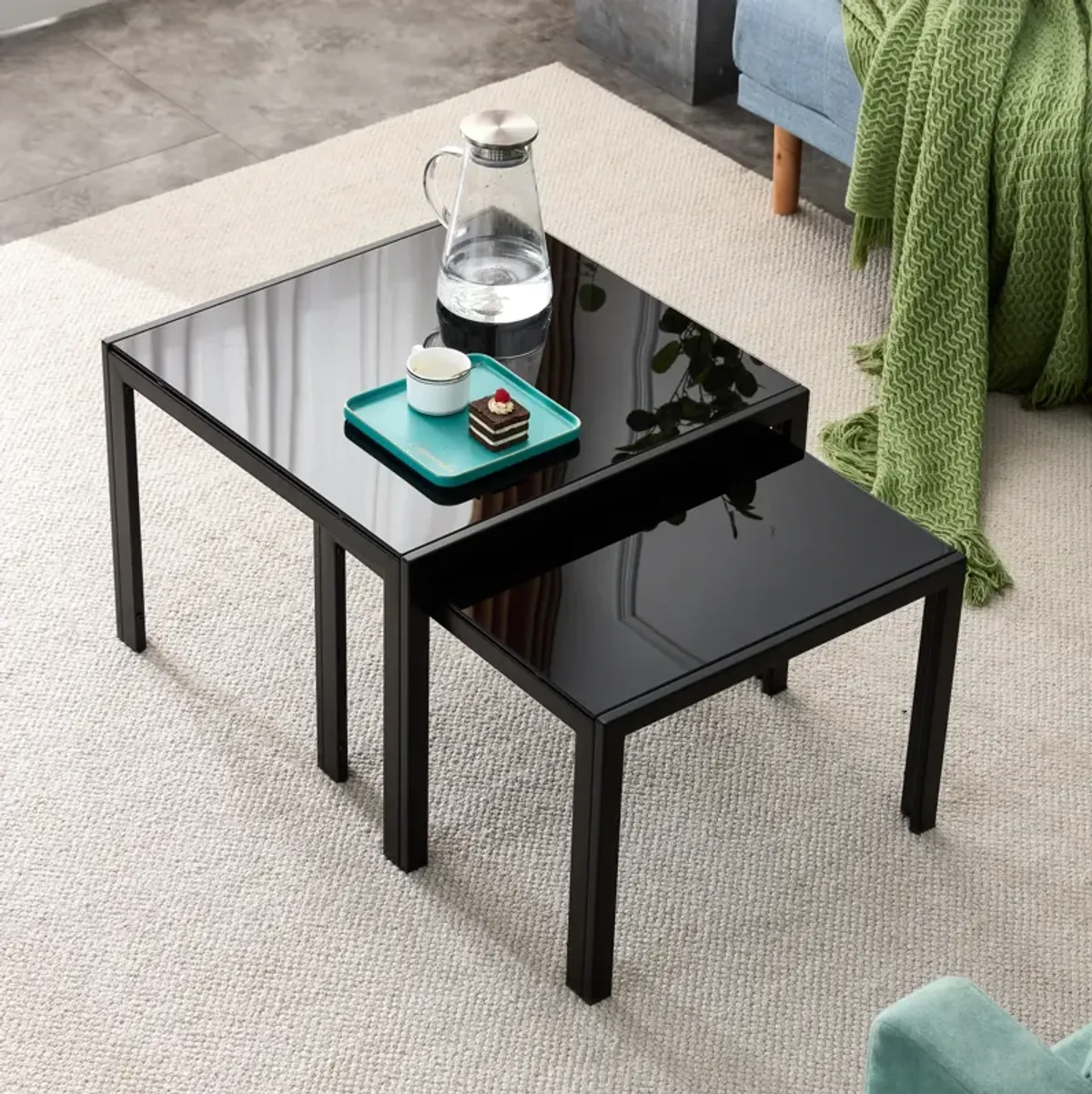 Nesting Coffee Table Set Of 2, Square Modern Stacking Table With Tempered Glass Finish