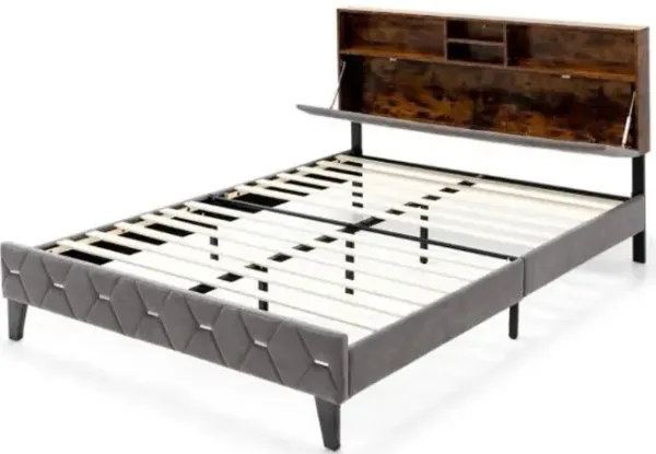 Hivvago Queen Size Velvet Upholstered Open/Close Storage Headboard Platform Bed