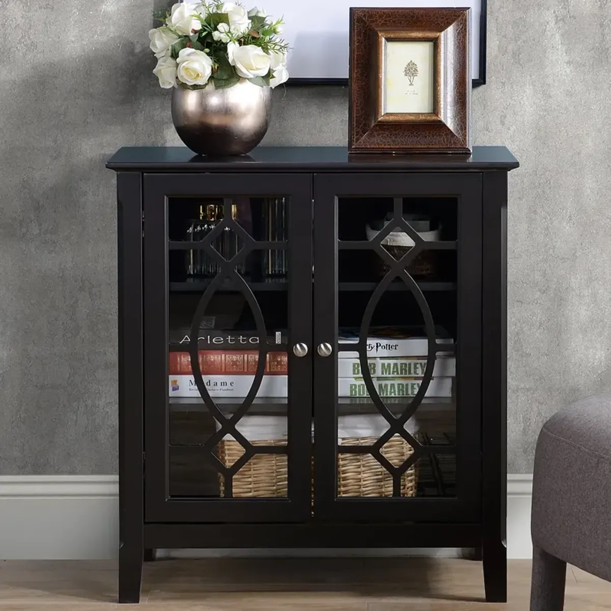 Espresso Dining Storage: Display Cabinet with Glass Doors
