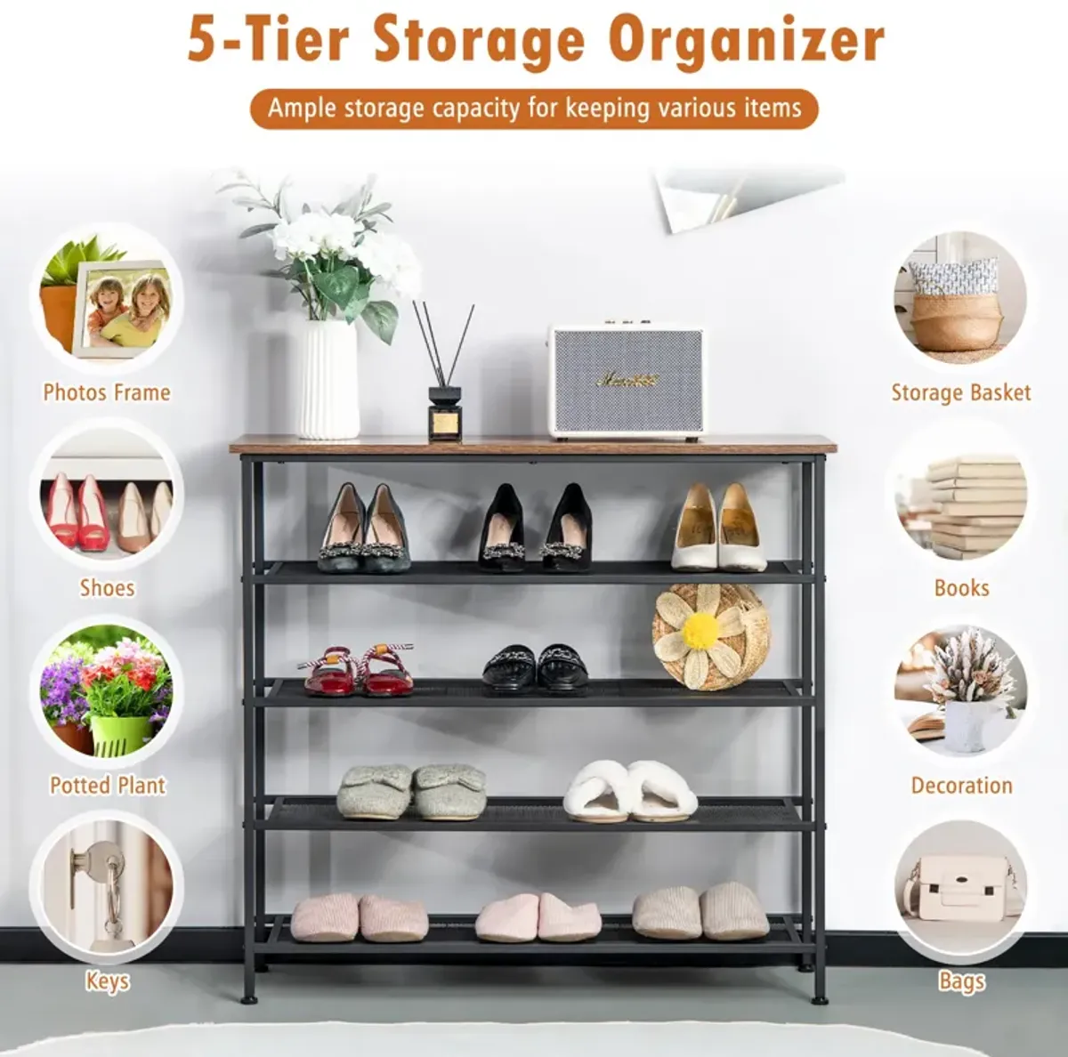 Industrial Adjustable 5-Tier Metal Shoe Rack with 4 Shelves for 16-20 Pairs