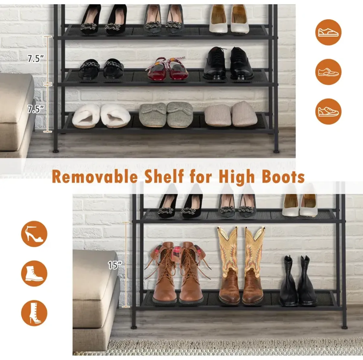 Industrial Adjustable 5-Tier Metal Shoe Rack with 4 Shelves for 16-20 Pairs