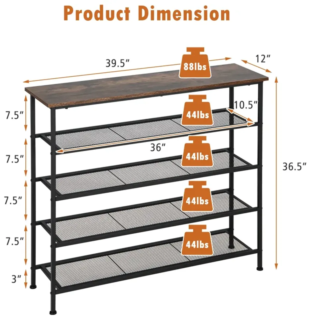 Industrial Adjustable 5-Tier Metal Shoe Rack with 4 Shelves for 16-20 Pairs