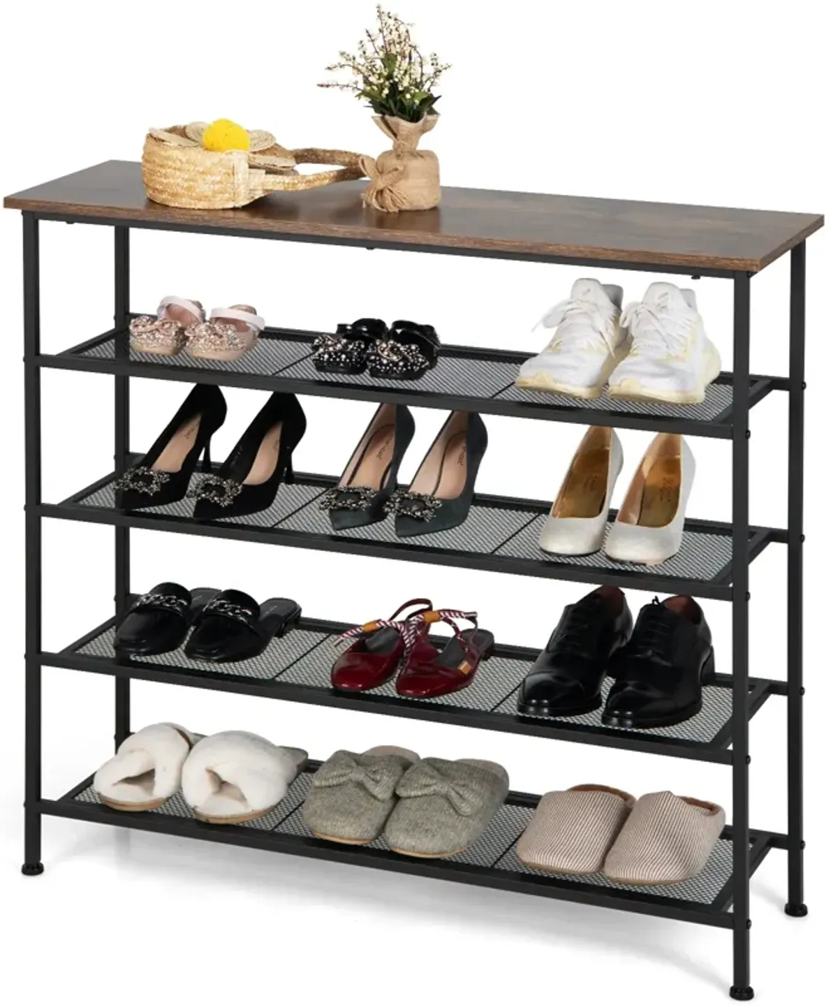 Industrial Adjustable 5-Tier Metal Shoe Rack with 4 Shelves for 16-20 Pairs