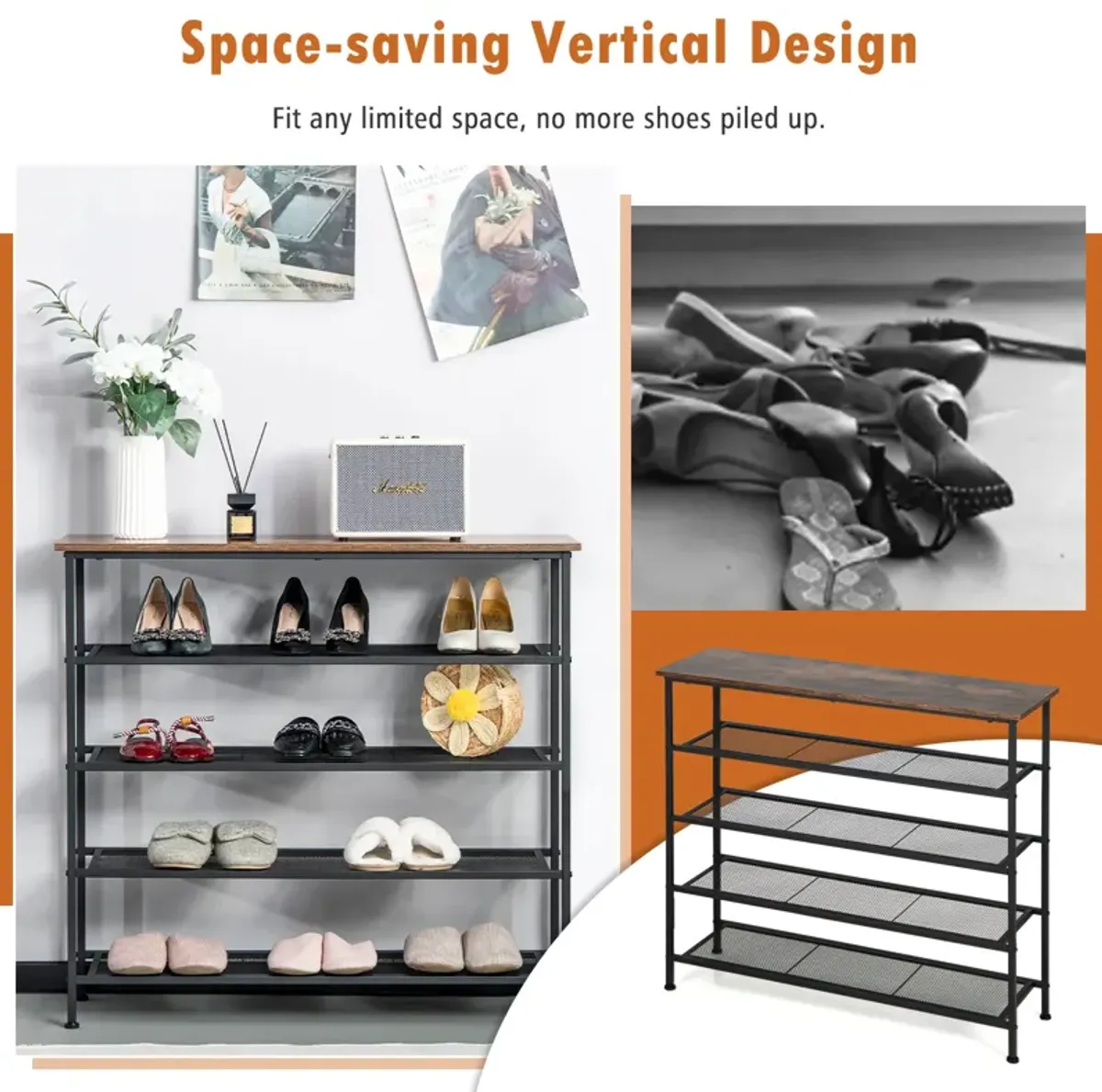 Industrial Adjustable 5-Tier Metal Shoe Rack with 4 Shelves for 16-20 Pairs