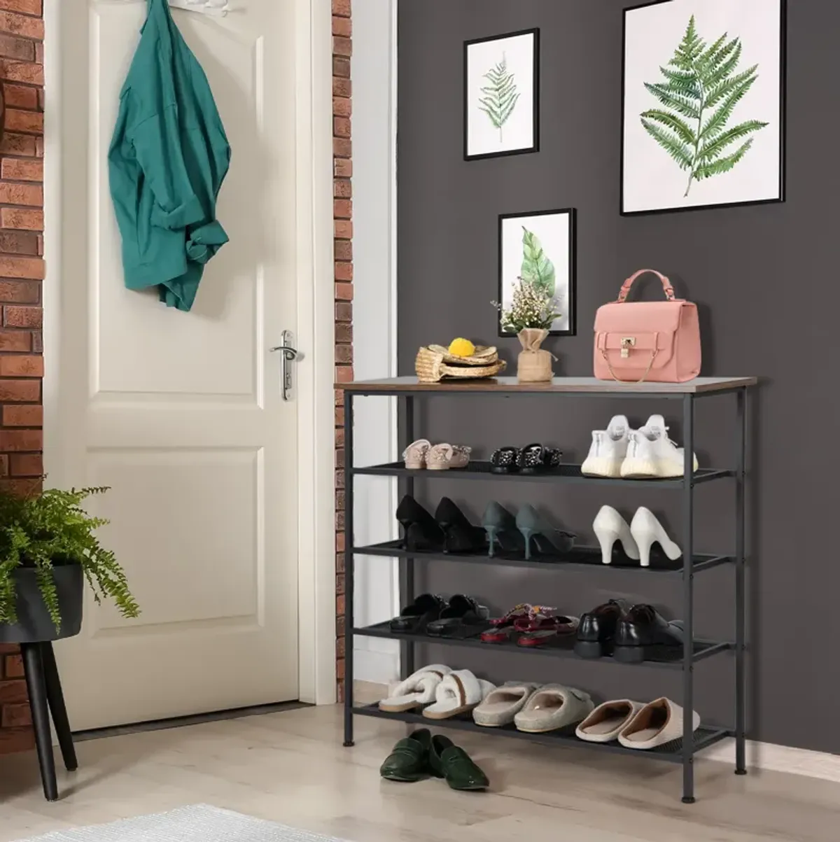 Industrial Adjustable 5-Tier Metal Shoe Rack with 4 Shelves for 16-20 Pairs