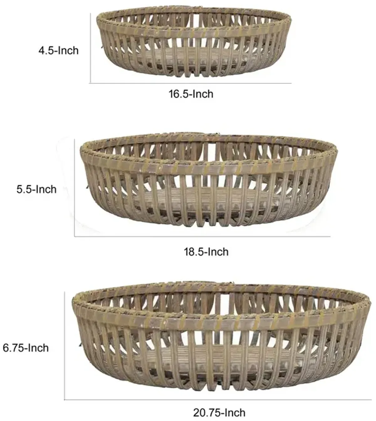 Set of 3 Decorative Baskets, Varying Sizes, Brown Natural Bamboo Fiber - Benzara