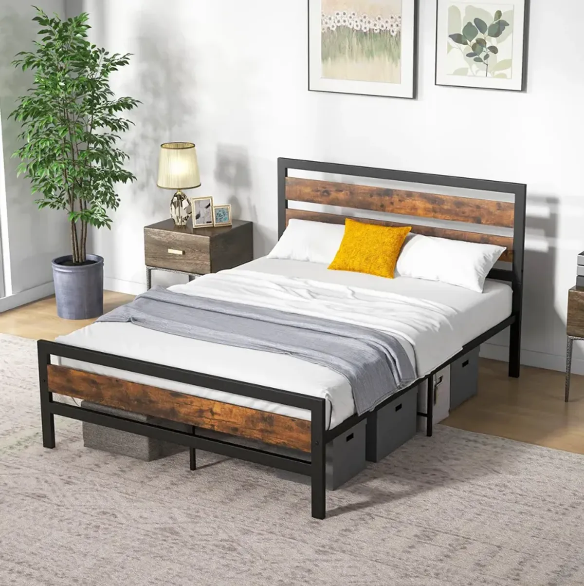 Industrial Bed Frame with Rustic Headboard and Footboard-Queen Size