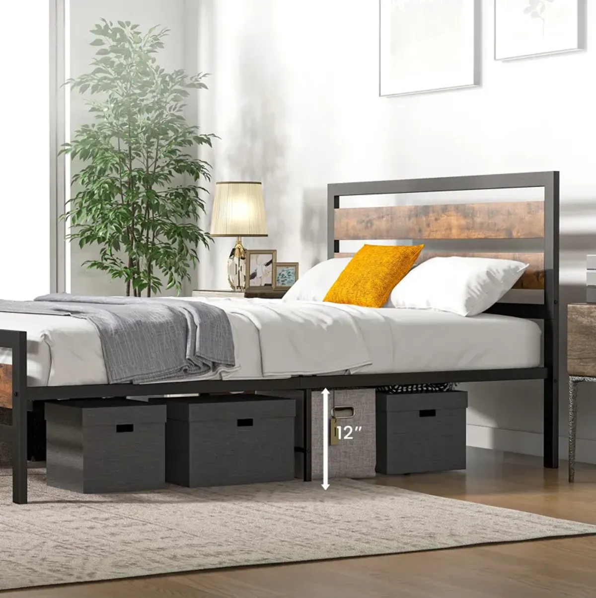 Industrial Bed Frame with Rustic Headboard and Footboard-Queen Size