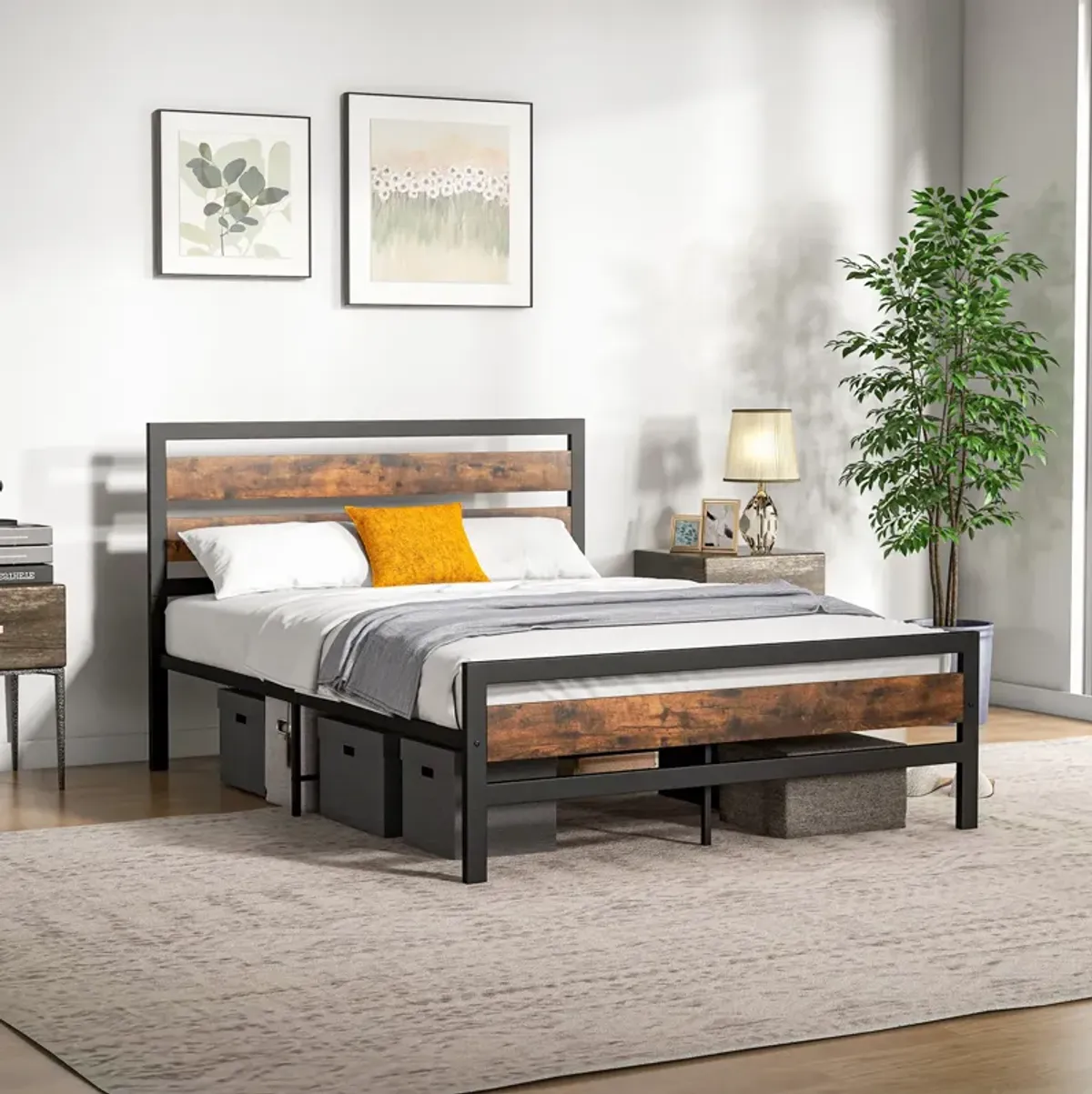 Industrial Bed Frame with Rustic Headboard and Footboard-Queen Size