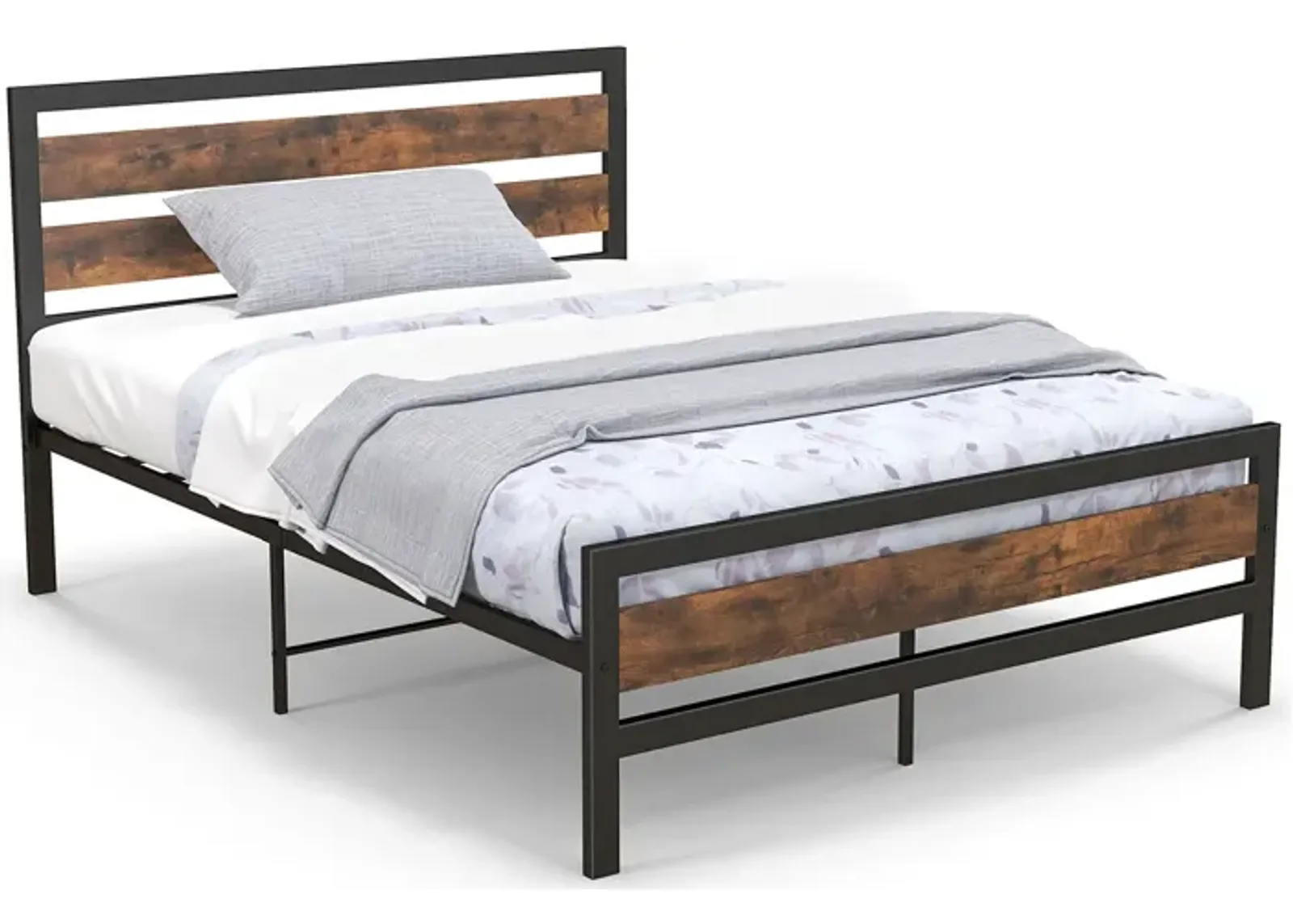 Industrial Bed Frame with Rustic Headboard and Footboard-Queen Size