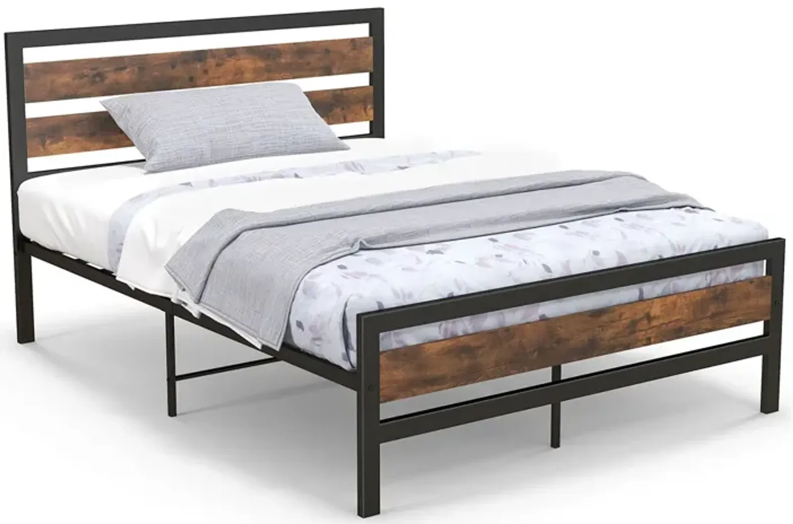 Industrial Bed Frame with Rustic Headboard and Footboard-Queen Size