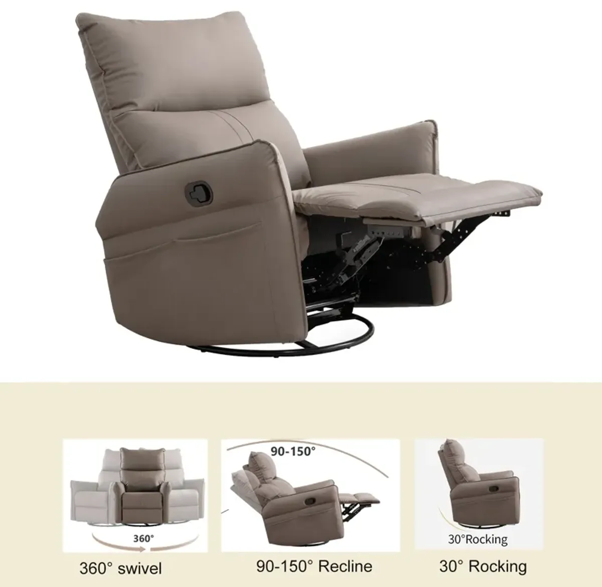 Mondawe 360 ° Swivel Nursery Rocking Swivel Recliner Chair, Glider Chair with Side Pocket