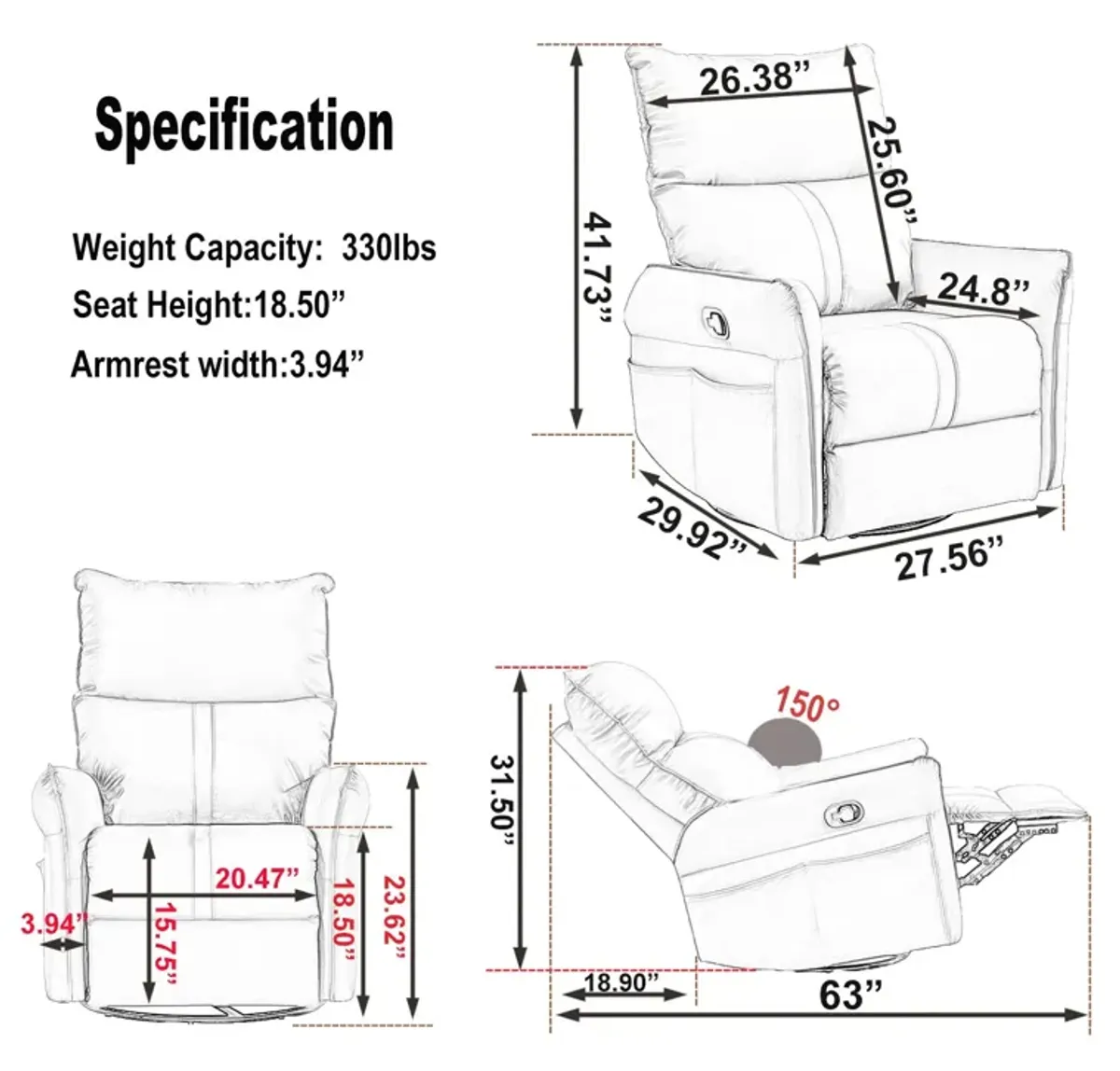 Mondawe 360 ° Swivel Nursery Rocking Swivel Recliner Chair, Glider Chair with Side Pocket