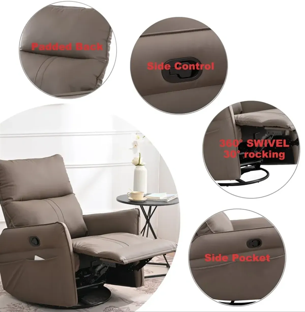 Mondawe 360 ° Swivel Nursery Rocking Swivel Recliner Chair, Glider Chair with Side Pocket