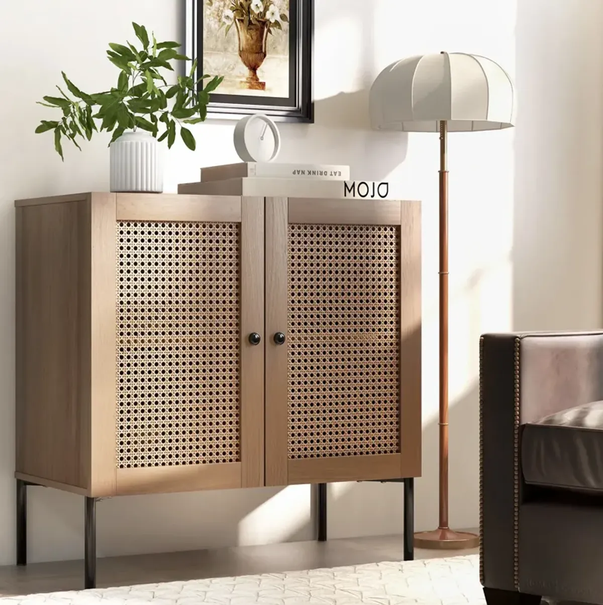 Kitchen Sideboard with 2 Rattan Doors and Adjustable Shelf