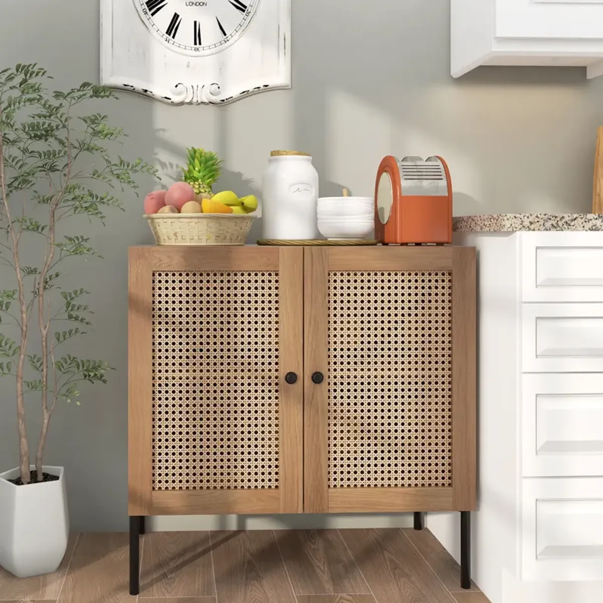 Kitchen Sideboard with 2 Rattan Doors and Adjustable Shelf