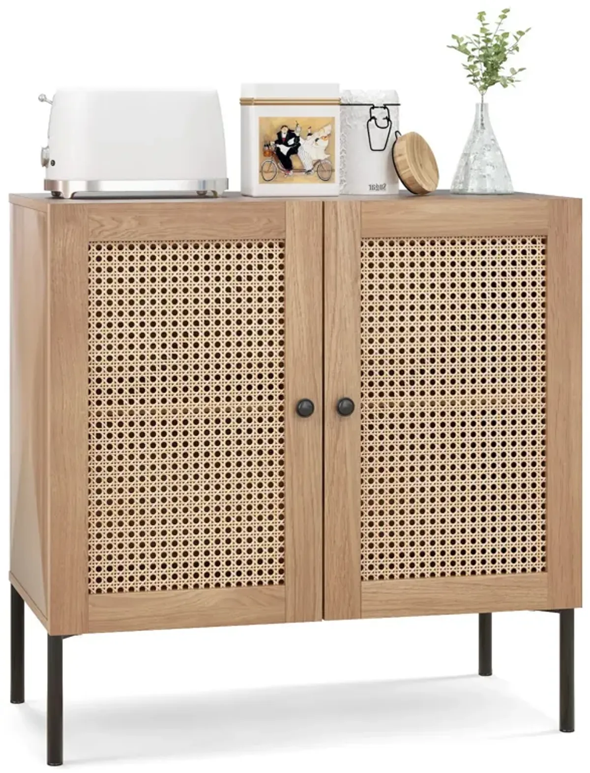 Kitchen Sideboard with 2 Rattan Doors and Adjustable Shelf