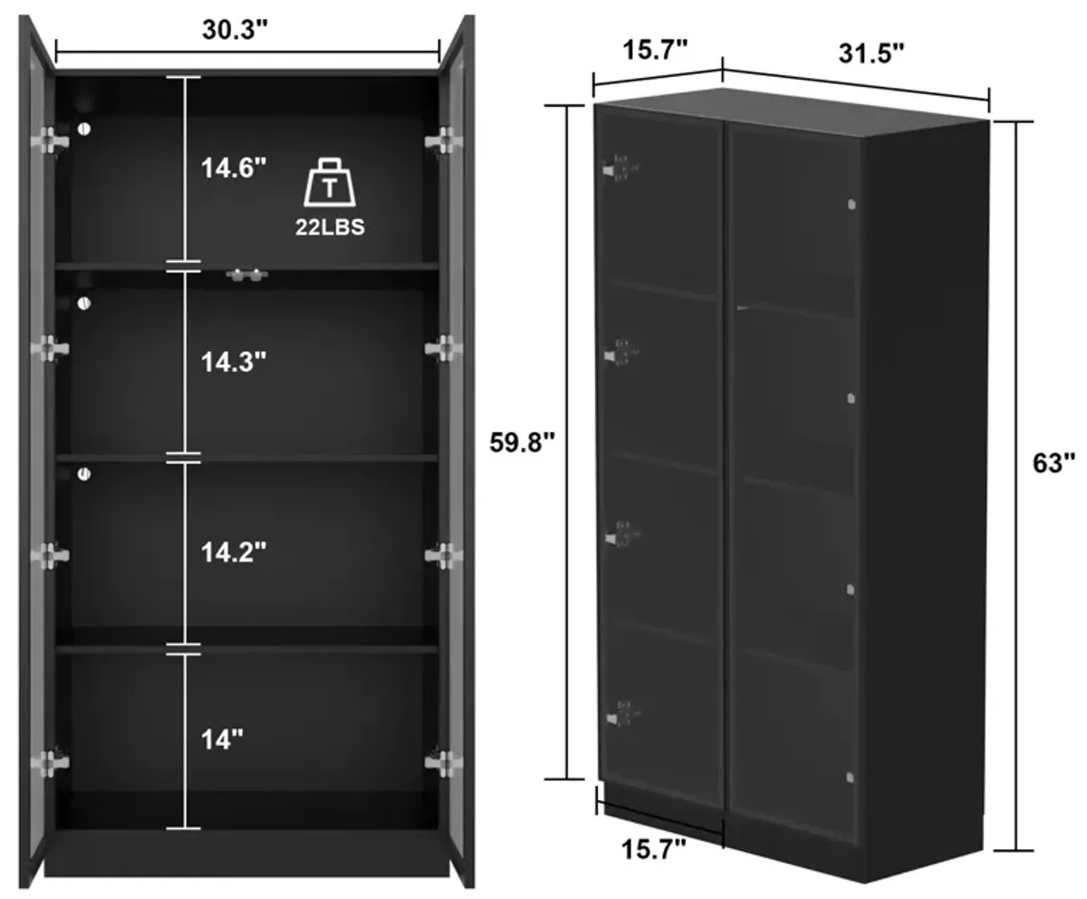 Black Wood Storage Cabinet Display Cabinet With Tempered Glass Doors, 3-Color LED Lights and Aluminum Framed