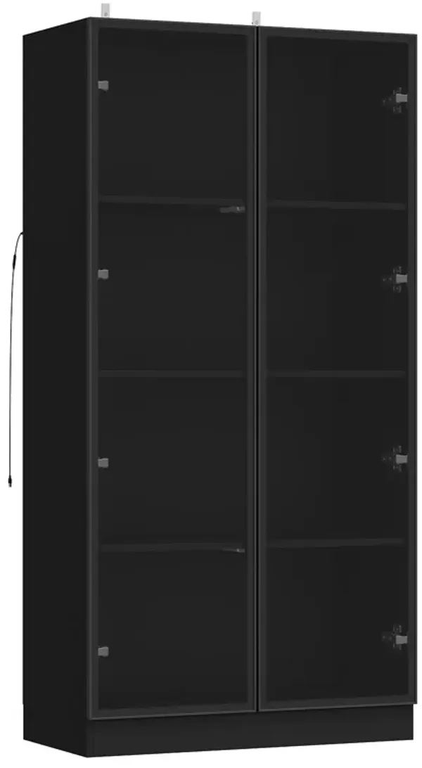 Black Wood Storage Cabinet Display Cabinet With Tempered Glass Doors, 3-Color LED Lights and Aluminum Framed