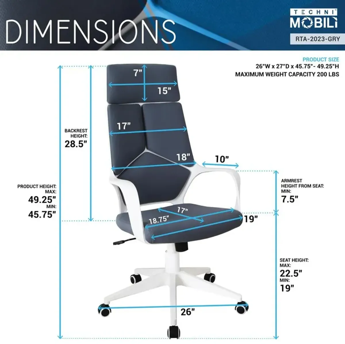 Techni Mobili Modern Studio Office Chair, Grey/White