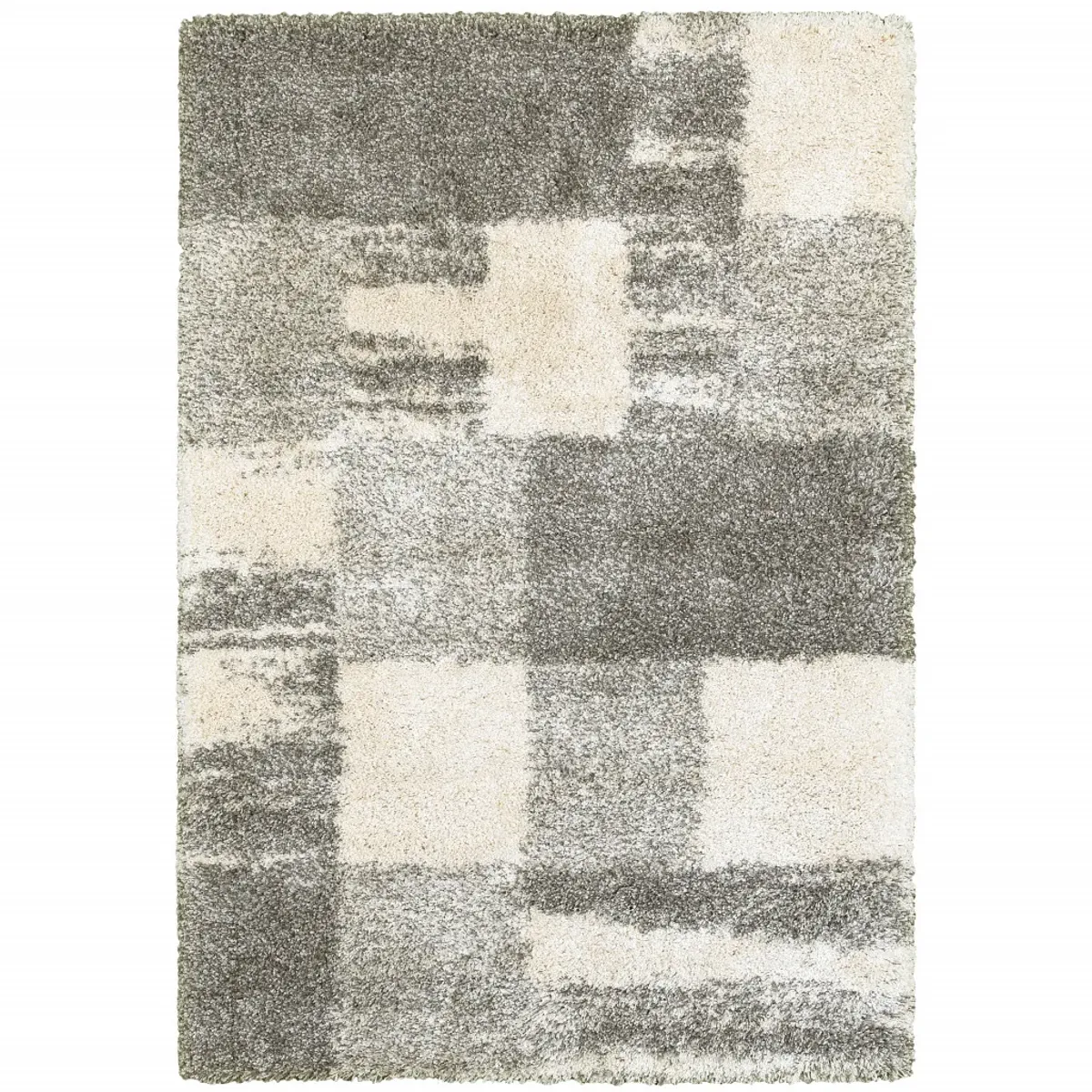 4 X 6 grey Ivory And Silver geometric Shag Power Loom Stain Resistant Area Rug