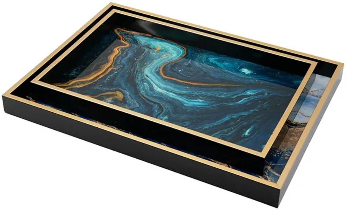 Set of 2 Rectangular Decorative Trays, Tall Rims, Faux Marble, Blue, Gold - Benzara