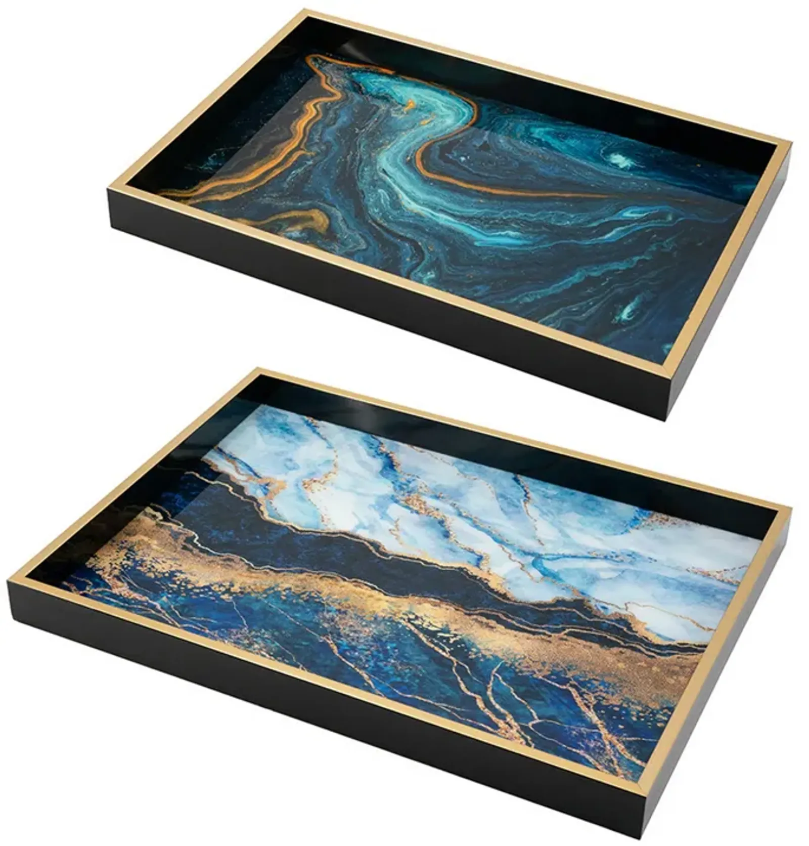 Set of 2 Rectangular Decorative Trays, Tall Rims, Faux Marble, Blue, Gold - Benzara