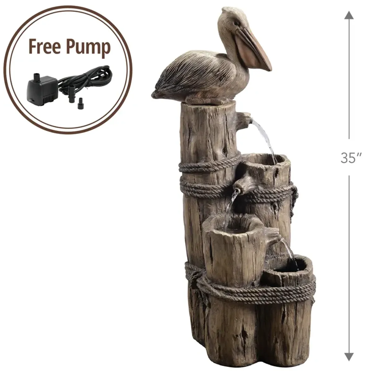 Teamson Home Outdoor Tiered Pelican and Wooden Post Waterfall Fountain, Brown