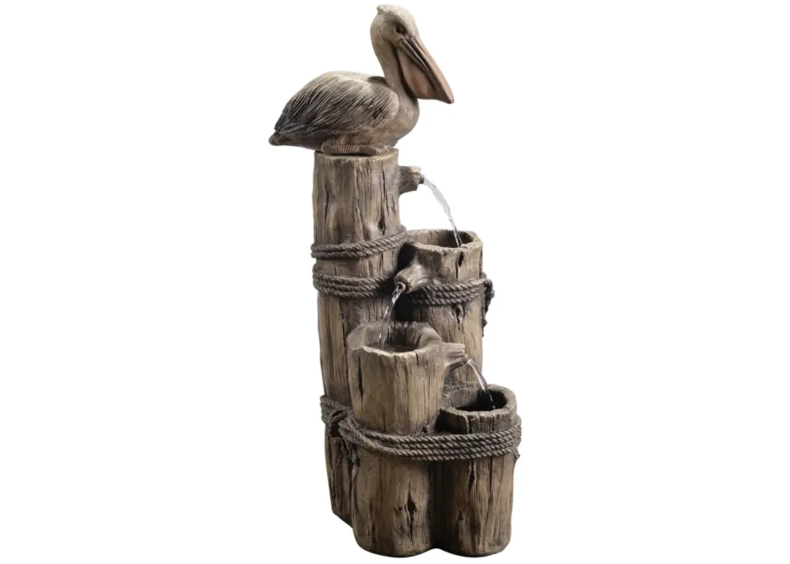 Teamson Home Outdoor Tiered Pelican and Wooden Post Waterfall Fountain, Brown