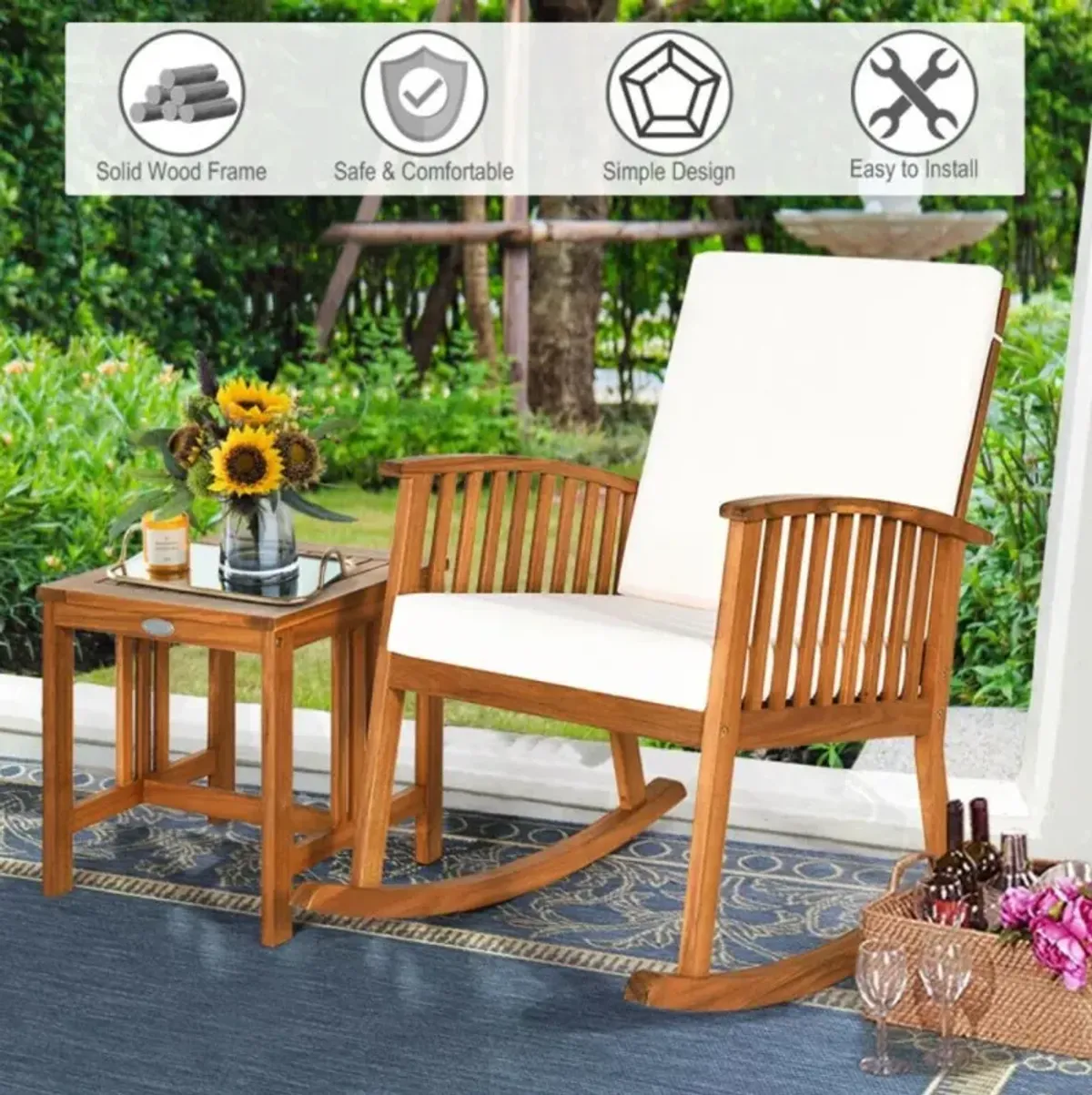 Hivvago 2 Pieces Acacia Wood Patio Rocking Chair Table Set